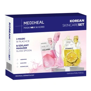 Mediheal Korean Skincare Set zestaw masek w płachcie Mediheal Vitamin C 24 ml + Mediheal Collagen 24 ml + szklany masażer Glass Spoon
