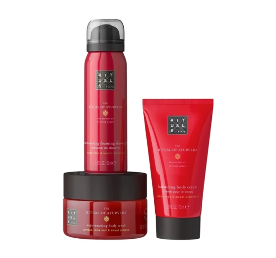 Rituals The Ritual Of Ayurveda zestaw mini kosmetyków do ciała pianka do mycia 50 ml + scrub 125 g + krem do ciała 70 ml