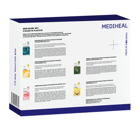 Mediheal Korean Skincare Set zestaw masek w płachcie Mediheal Vitamin C 24 ml + Mediheal Madecassoside 24 ml + Mediheal Collagen 24 ml + Mediheal Teatree 24 ml + Mediheal Ceramide 24 ml