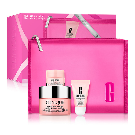 Clinique Hydrate Protect zestaw prezentowy krem do twarzy Moisture Surge SPF25 50 ml + krem pod oczy All About Eyes 5 ml + balsam do ust Moisture Surge 7 ml + kosmetyczka