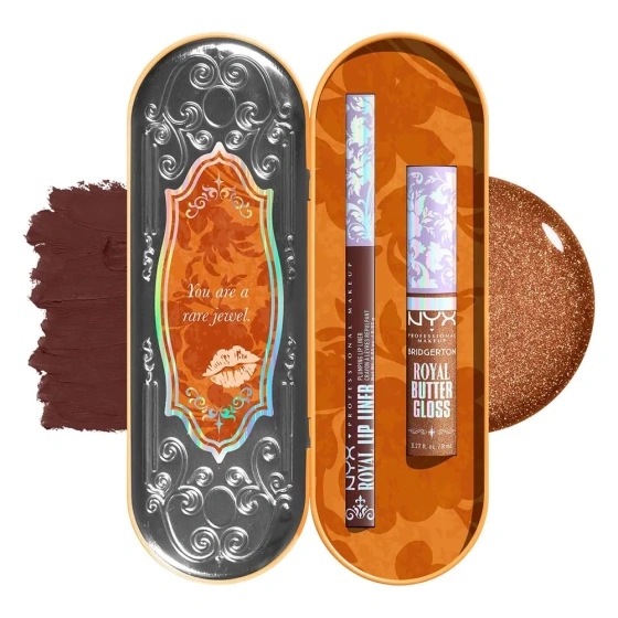 NYX Professional Makeup Bridgerton Royal Treasures Lip Kit 06 zestaw do makijażu ust błyszczyk Royal Butter Gloss Pout and About 8 ml + konturówka Royal Lip Liner Toffee Temptation 0,33 g