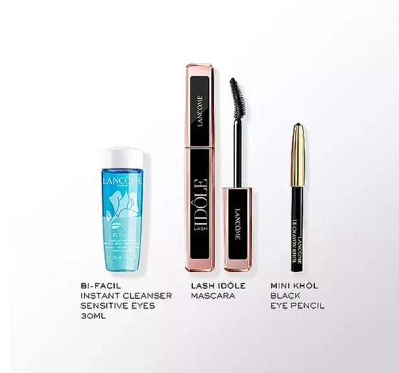 Lancôme zestaw tusz do rzęs Lash Idôle 01 Glossy Black 8 ml + kredka Kôhl 01 Noir 0,7 g + płyn do demakijażu Bi-Facil 30 ml