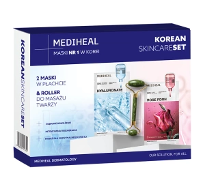 Mediheal Korean Skincare Set zestaw masek w płachcie Mediheal Hyaluronate 24 ml + Mediheal Rose PDRN 24 ml + roller do masażu twarzy